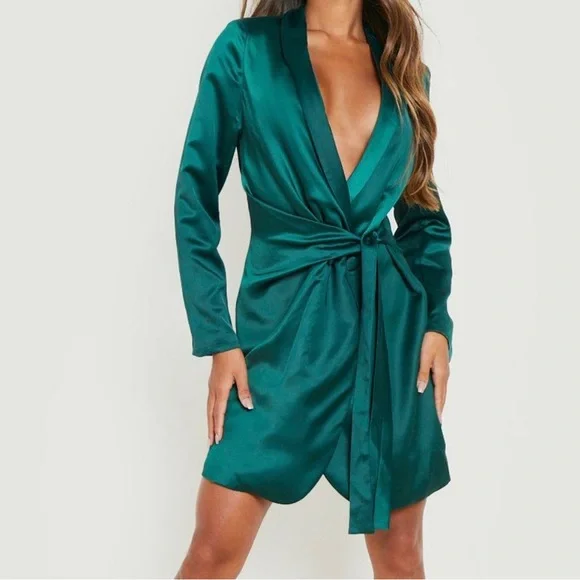 Boohoo Plus | Dresses | Satin Wrap Belted Blazer Dress Note Color Champagne  | Poshmark